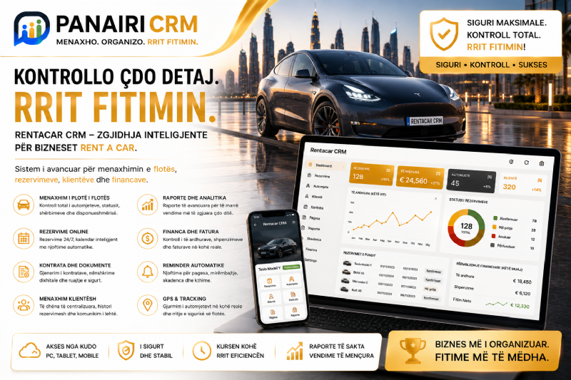 PANAIRI CRM transformon mënyrën si menaxhohen bizneset Rent a Car me raportime të avancuara dhe kontroll profesional në kohë reale.
